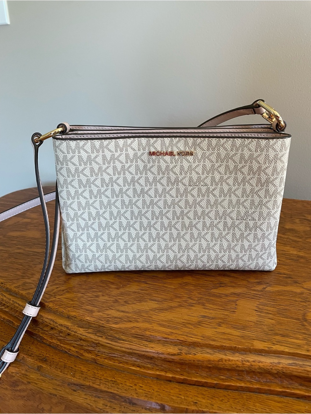 Michael Kors Trish Medium Blush Pink Logo Crossbody Bag with Gold Hardware